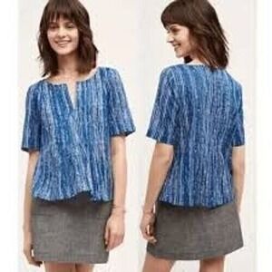 Anthropologie MAEVE Orchid Island Blue & White V-Neck Peplum Tunic‎ Top Size 0